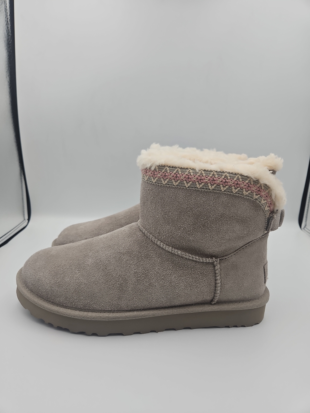 UGG Women's Taupe Suede Shearling Cuff Ankle Slippers
